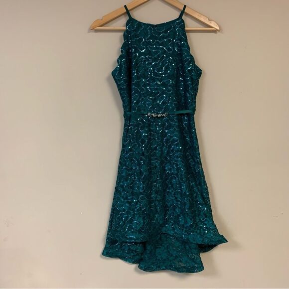 🆕 Green Sequin Party Dress Girl’s 14 Fit & Flare Hi-Lo HoCo Prom Formal Wedding - Picture 1 of 9